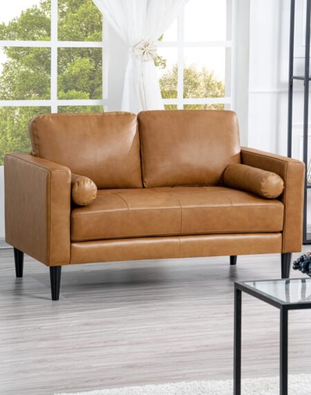 55 in. Tan Genuine Mid-Century Leather Loveseat, Sectional 2-Seat Mini Sofa, Small Sofa Bed for Living Room - 40