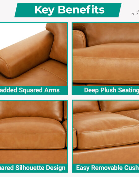 85 in. Wide Square Arm Genuine Leather Mid-Century Modern Rectangle Sofa in. Tan Brown - 37