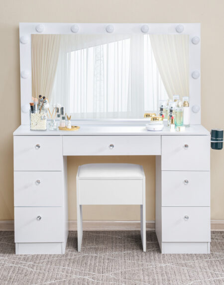 7-Drawers White Makeup Vanity Sets Dressing Table Sets with Stool, Mirror, Light and Storage Space - 34