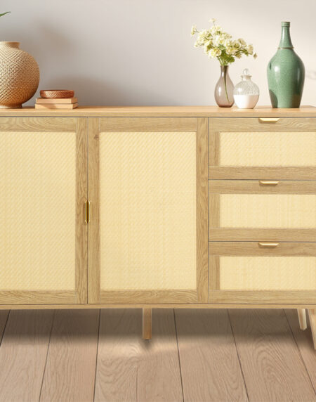 Natural Rattan/Wicker 57.87 in. wide Buffet Cabinet with 2 Doors and 3 Drawers, for Living Room, Dining Room, or Kitchen