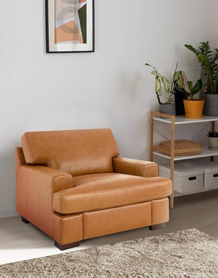 Genuine Leather Accent Chair Luxurious Comfort, Goose Feather Cushion Filling, Square Arm Design- Tan
