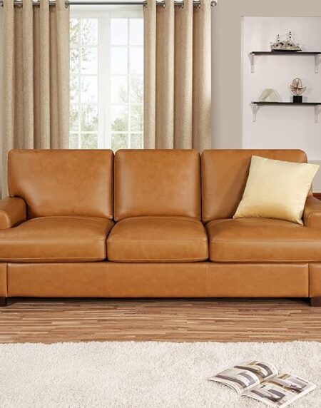 85 in. Wide Square Arm Genuine Leather Mid-Century Modern Rectangle Sofa in. Tan Brown