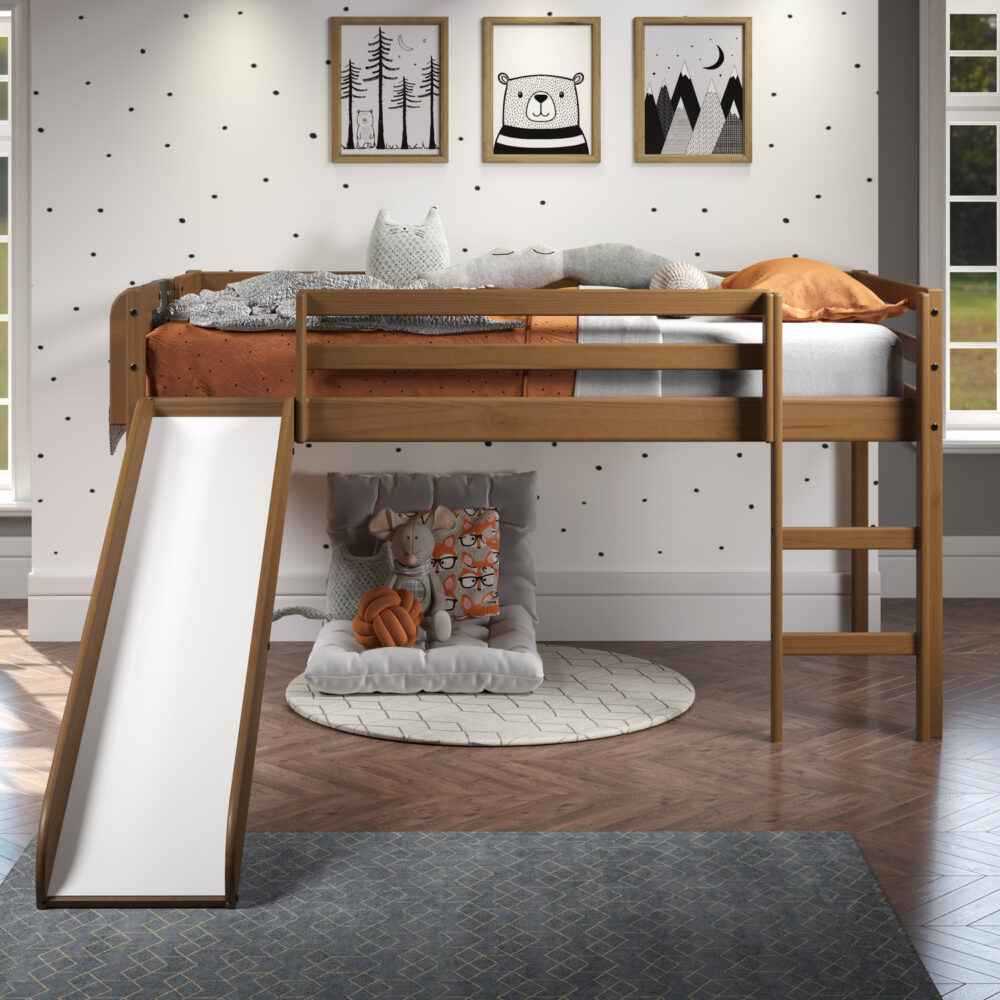 Twin Size Loft Bed with Slide and Ladder, Kids Low Loft Bed by HomeStock - 9
