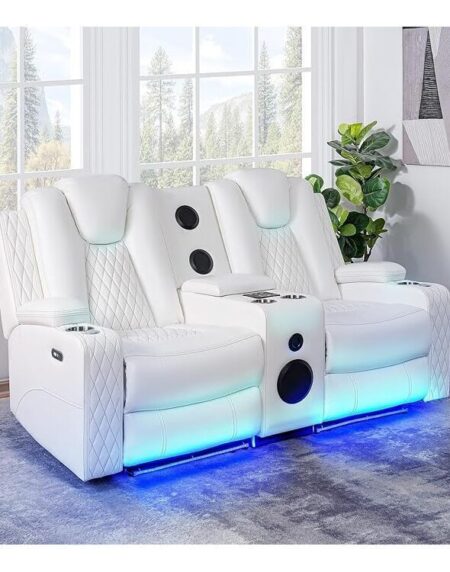 HomeStock 70.86 in Faux Leather Power Recline Loveseat Home Theater Seating with Cupholders, Tray, Speakers, and USB Ports - 36