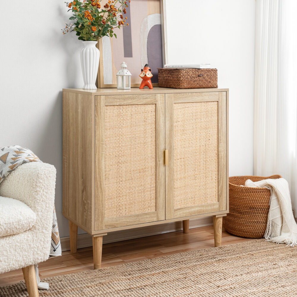 Accent Storage Cabinet with 2 Rattan Doors, Mid Century Natural Wood Sideboard - 1