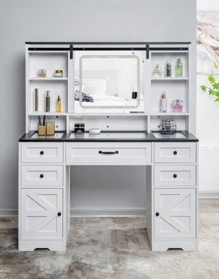 White Makeup Vanity Desk with Adjustable Sliding Mirror, Lights, and Storage Drawers